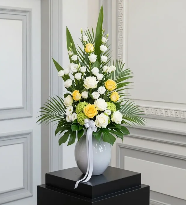 Graceful Stance: White Lisianthus & Rose Arrangement