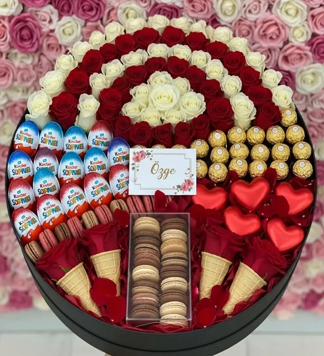 Aşkın Lüks Kutusu: Gül, Çikolata, Kinder & Makaron Hediye Kutusu