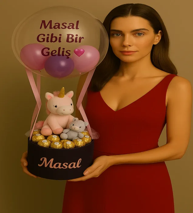 Unicorn & Peluşlu Kız Bebek Balon Kutusu
