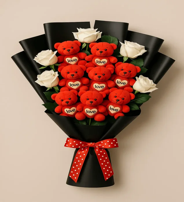 Love Ayıcık ve Beyaz Gül Buketi