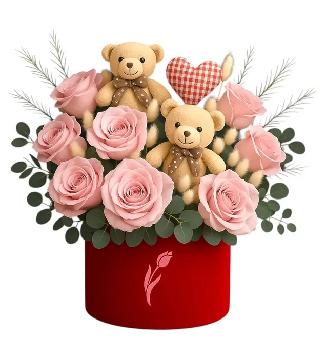 Pink Roses and Teddy Bears in a Box
