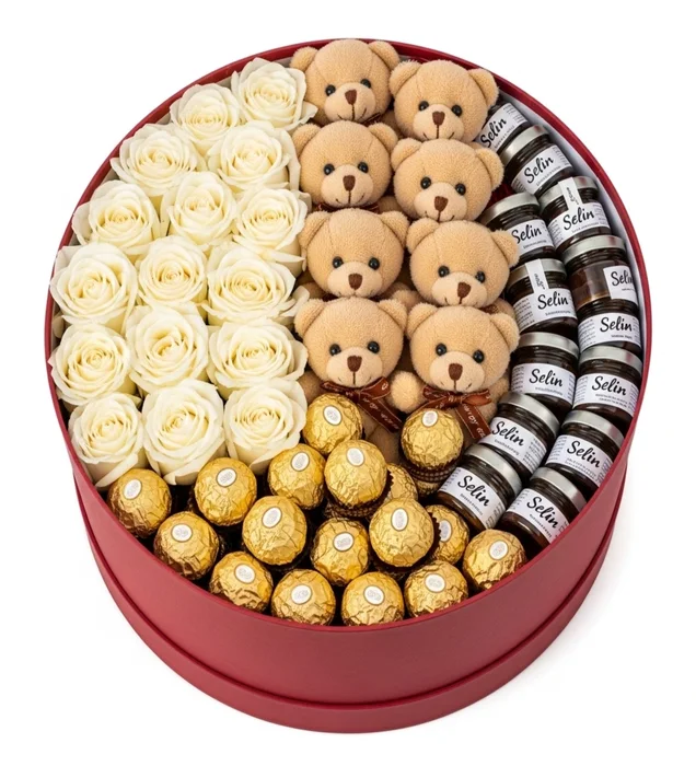 Luxury Gift Box with White Rose, Teddy Bear, Nutella & Ferrero Rocher