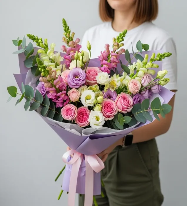 Colorful Elegance Rose and Lisianthus Bouquet
