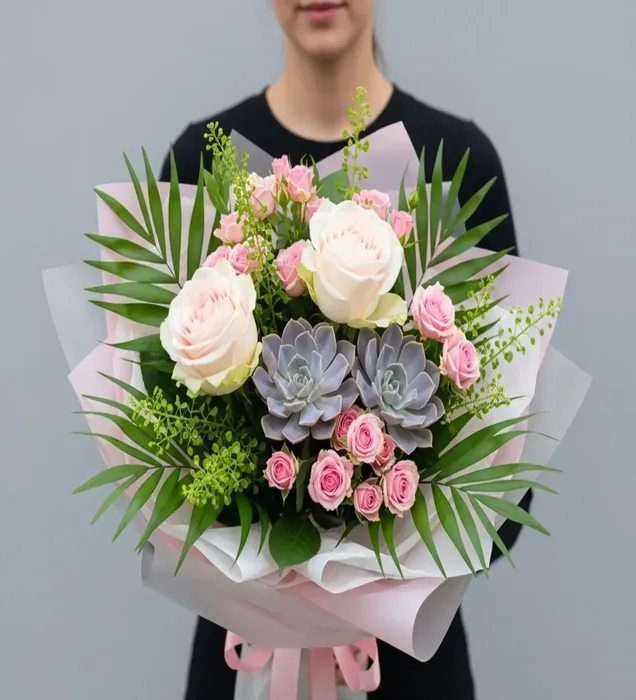Natural Grace Succulent and Rose Bouquet