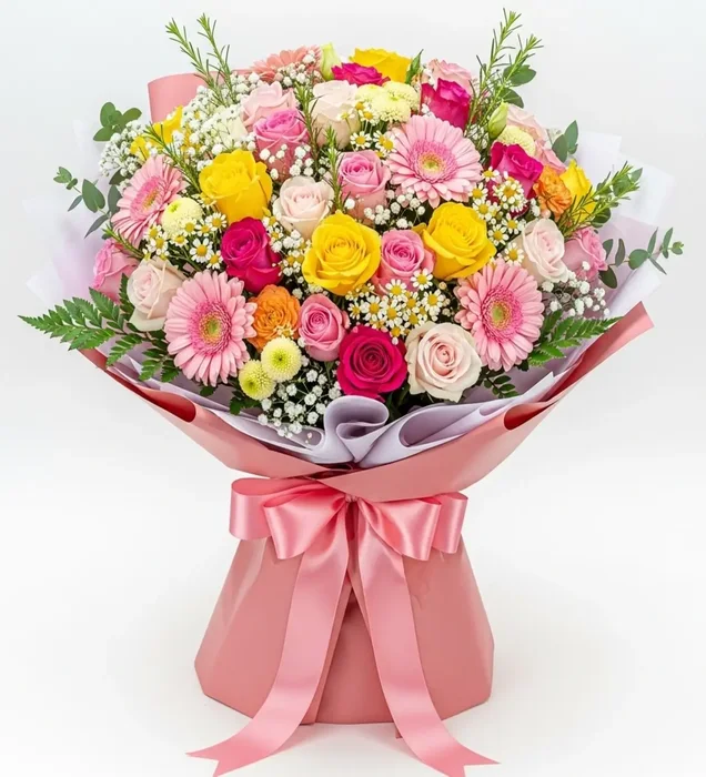 Gökkuşağının Neşesi – Renkli Gül, Gerbera ve Papatya Buketi