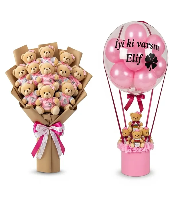 Yenidoğan Kız Bebeğe Ayıcık Buketi ve Balon Kutusu