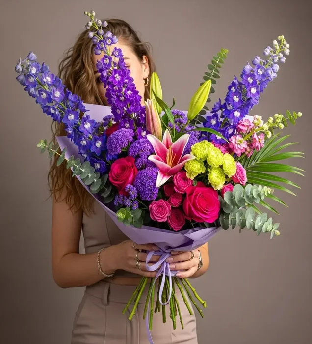 Violet Symphony: Delphinium, Gül & Lilyum Premium Buket