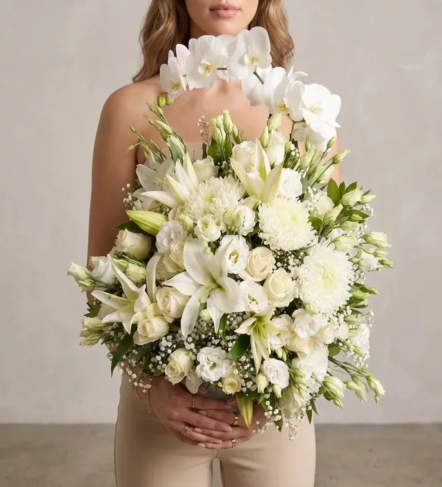 Ivory Waterfall: Gösterişli Cam Vazoda Beyaz Gül, Lilyum, Anastasia ve Lisianthus Aranjmanı