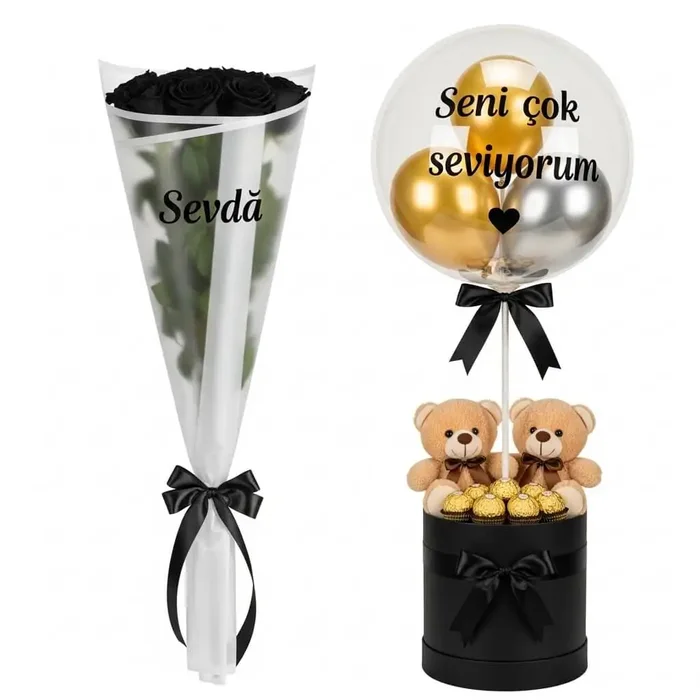Siyah Gül ve Peluş Ayıcıklarla Balonlu Seni Seviyorum Kutusu
