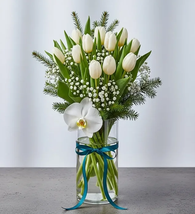 White Elegance: Vase Arrangement of 15 White Tulips and Orchids