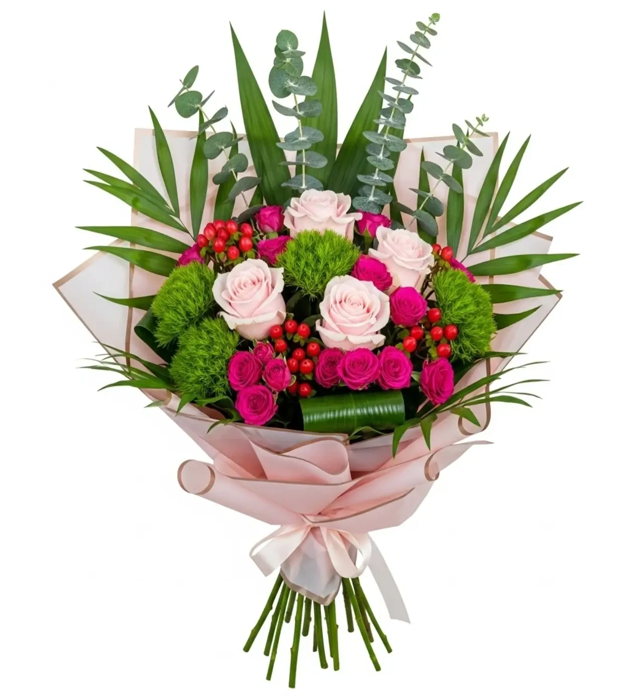 Vibrant Colors: Pink Rose and Green Foliage Bouquet