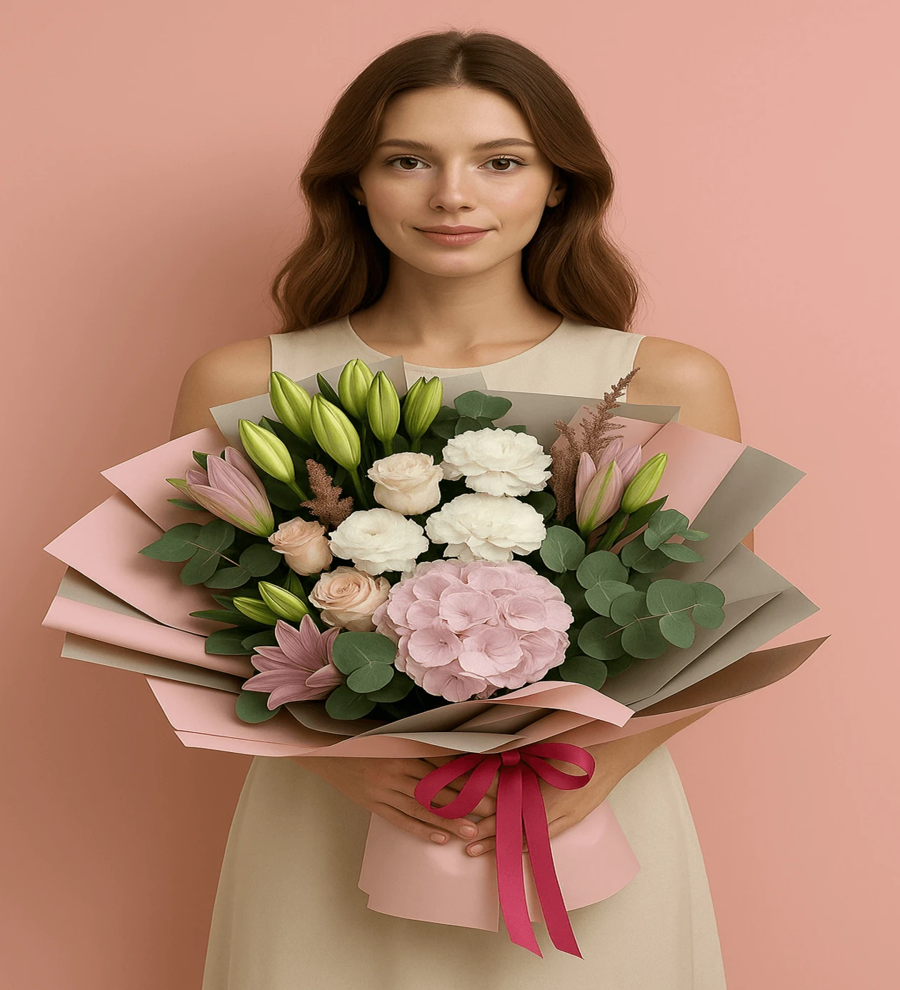 Pembe Zarafet Lilyum ve Ortanca Buketi