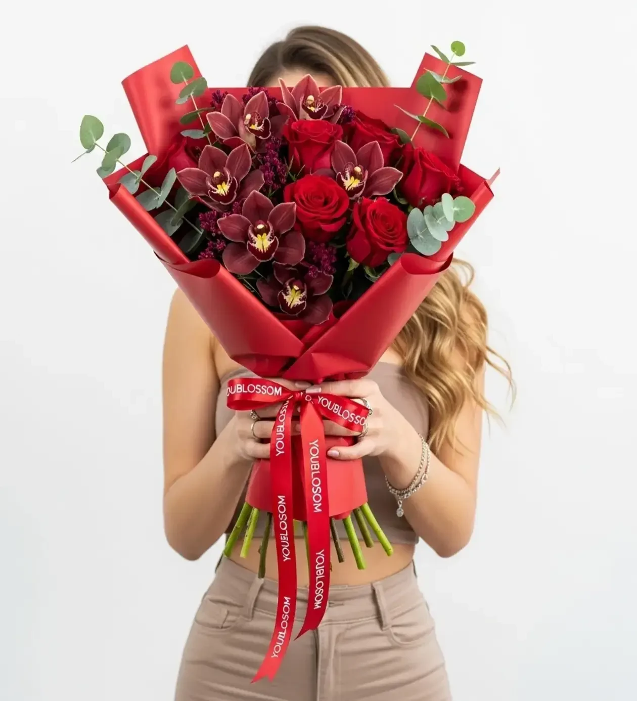 Sevgililer Günü Çiçeği: Kırmızı Gül & Bordo Cymbidium Orkide Buketi