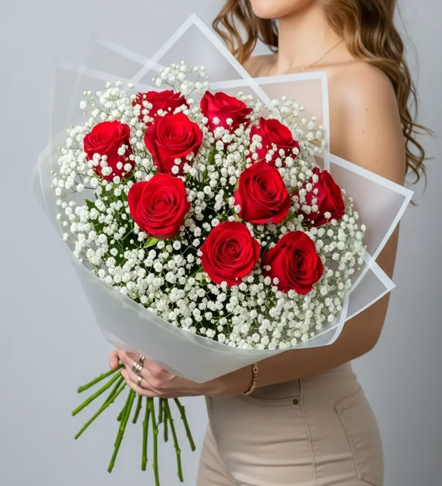 Red Touch of Love: Kırmızı Gül & Beyaz Cipsofilya Buketi