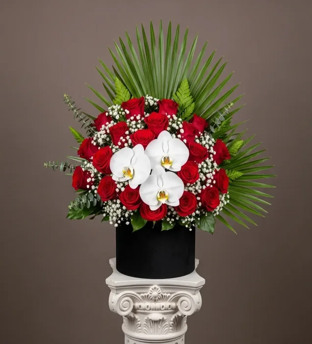 Premium Siyah Kutuda İhtişamlı Kırmızı Gül & Beyaz Phalaenopsis Orkide