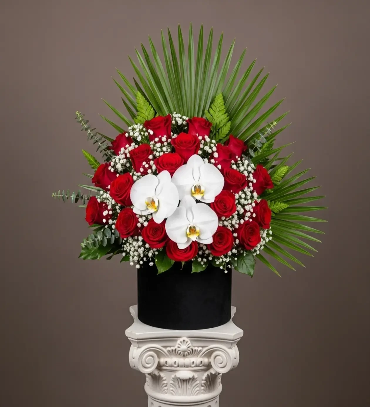 Premium Siyah Kutuda İhtişamlı Kırmızı Gül & Beyaz Phalaenopsis Orkide
