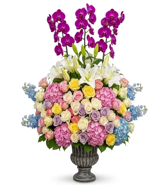 Symphony of Elegance: Premium Orchid, Lily & Rose Arrangement