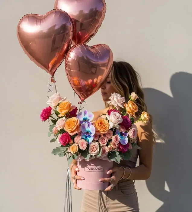 Rose Gold Celebration Balonlu Lüks Kutuda Renkli Gül Aranjmanı