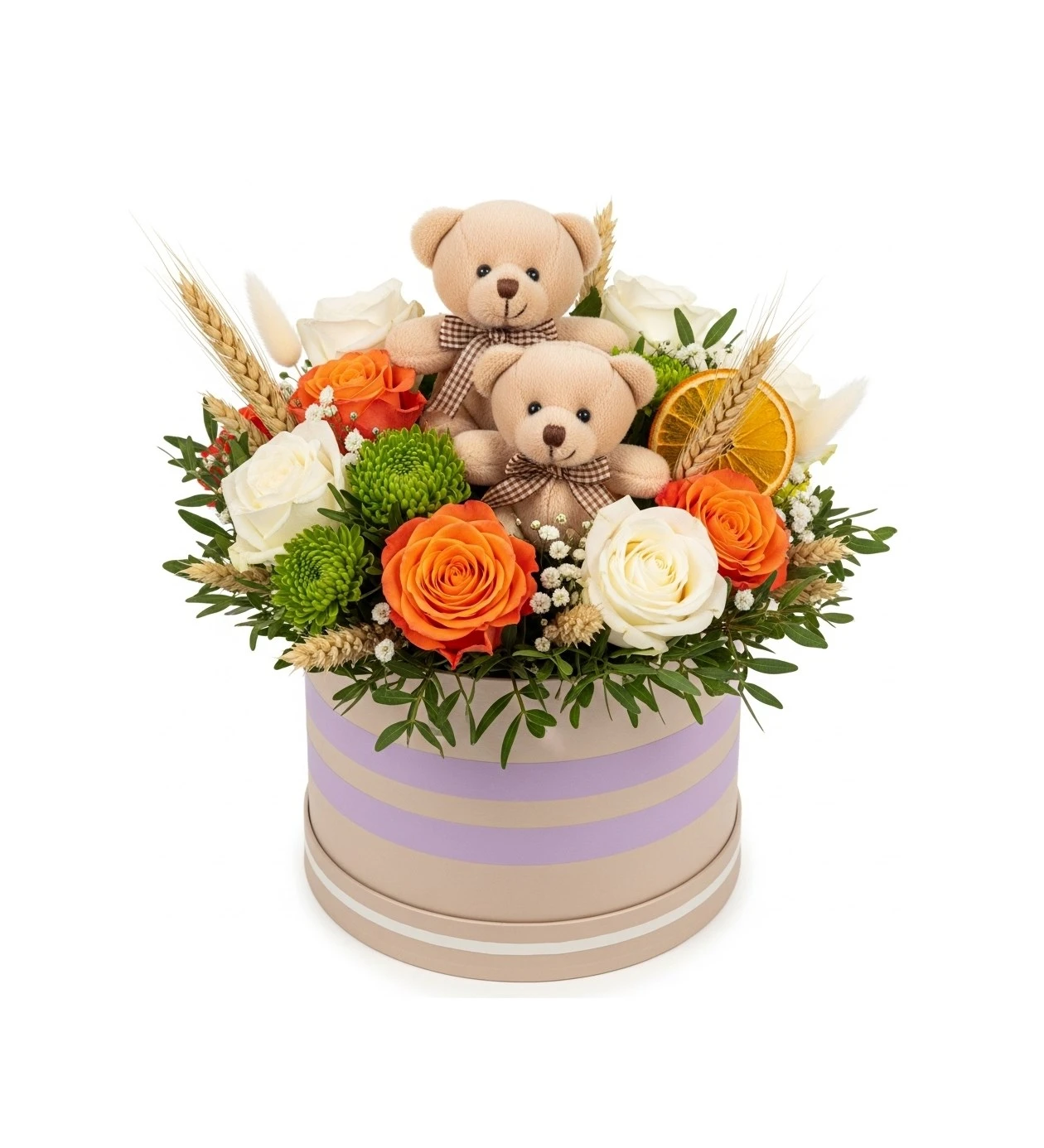 Joy with Teddy Bears: Kutuda Turuncu & Beyaz Gül Aranjmanı