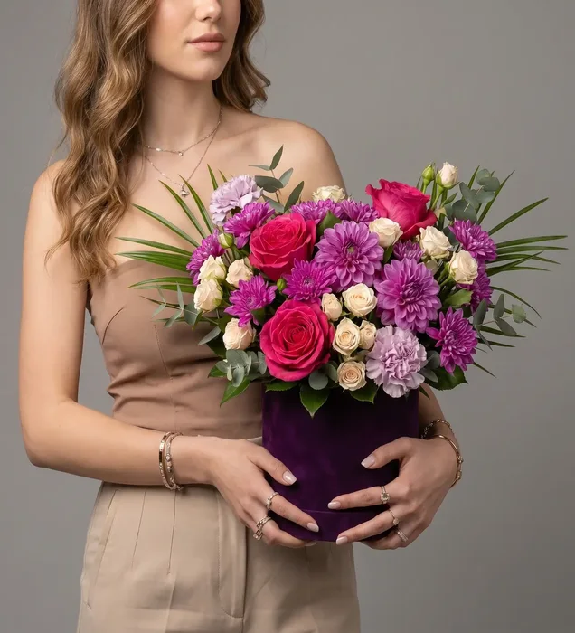 Plum Elegance: Lüks Tasarım Kadife Kutuda Renkli Bahar Çiçekleri
