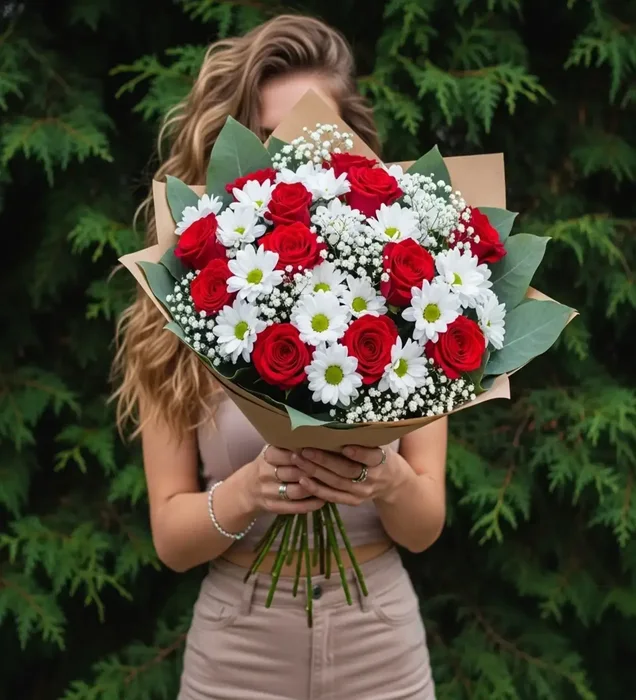 Sweet Love: Kırmızı Gül & Beyaz Papatya Buketi