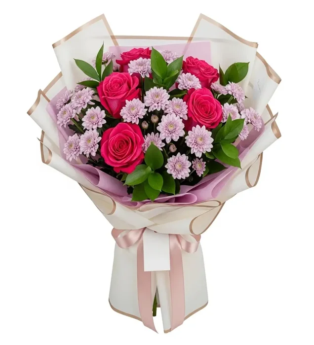 The Elegance of Love: Fuchsia Rose & Lilac Chrysanthemum Bouquet