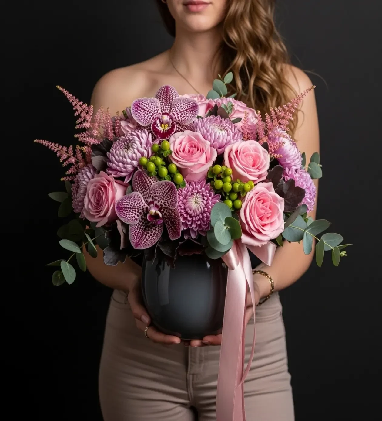Royal Elegance Pembe Gül & Orkide Vazoda Lüks Aranjman