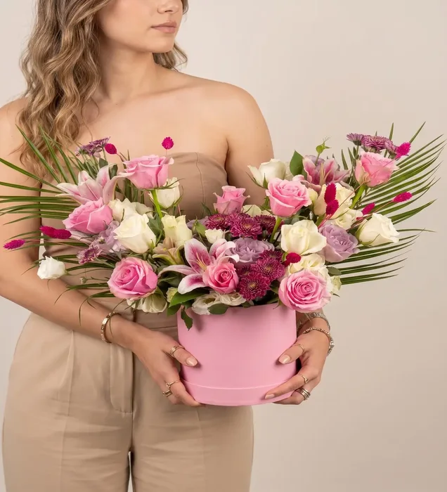 Majestic Pink: Pembe Kutuda Geniş Formlu Gül ve Lilyum Tasarımı