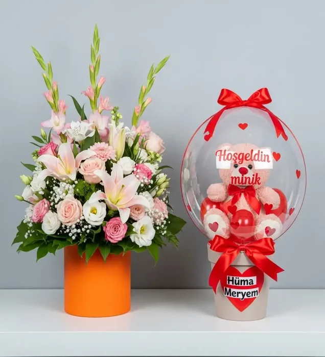 Hoş Geldin Bebek Çiçeği: Pembe Kutuda Lilyum & Gül & Peluş Ayıcıklı Balon Kutusu