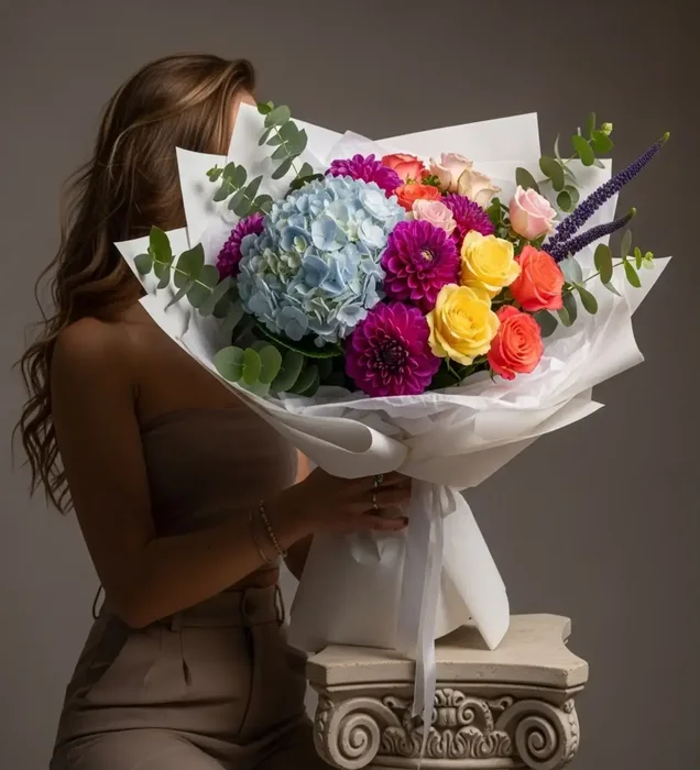 Blue Melody Ortanca & Premium Sevgiliye Gül Buketi