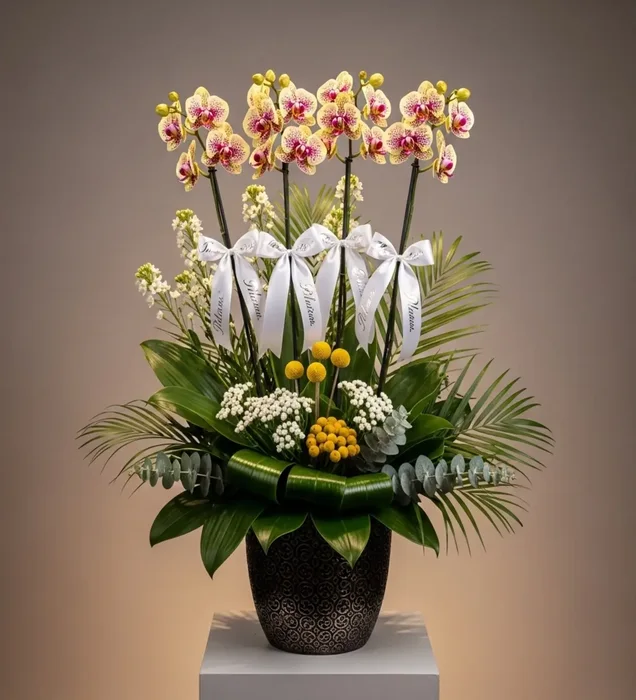 Sarı-Bordo Phalaenopsis Premium Orkide Aranjmanı