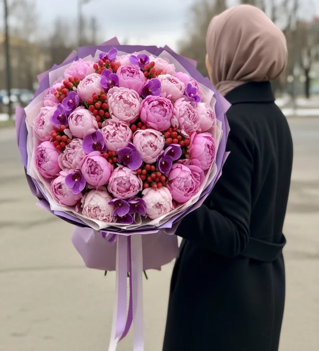Lilanın Büyüsü: Şakayık, Orkide & Hypericum Buketi