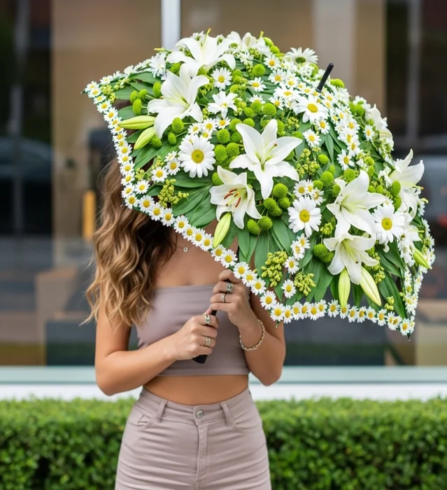 Floral Breeze Beyaz Zambak ve Papatya Çiçekli Şemsiye Tasarımı