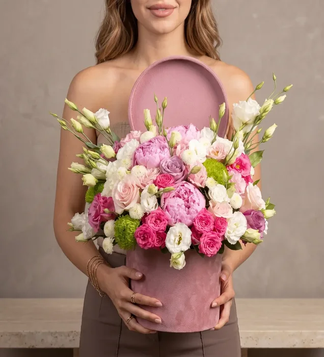 Elegance Bloom: Pudra Pembe Kadife Kutuda Şakayık ve Lisiyantus Tasarımı