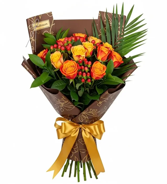 Orange Glow Premium Turuncu Gül ve Hiperikum Buketi