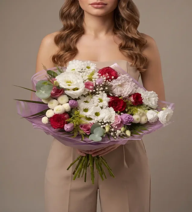 Pure Passion: Lila Ambalajda Kırmızı Gül ve Lisiyantus Buketi