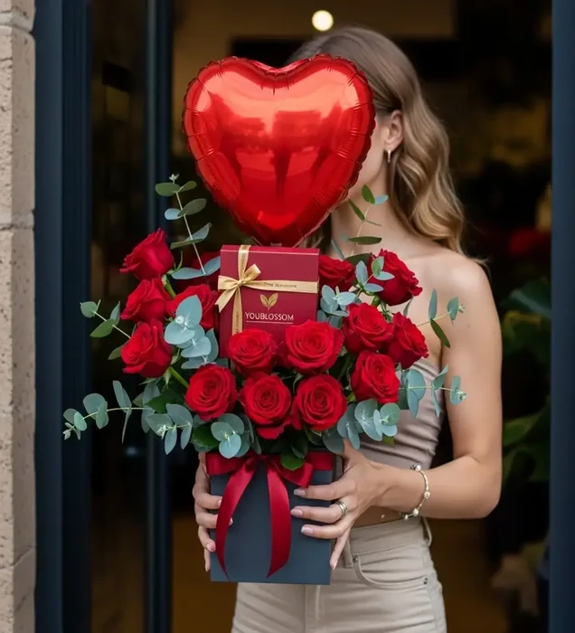 Grand Love Sevgiliye Çikolatalı ve Balonlu Kırmızı Gül Kutusu
