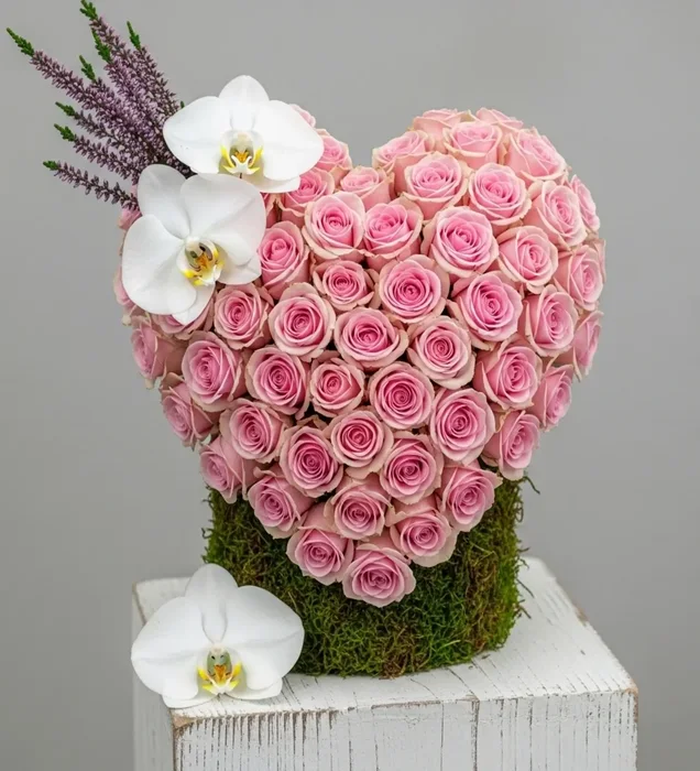 Love from the Heart: Orchid & Pink Rose Heart Arrangement