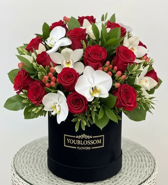 Signature of Love: Red Rose & White Orchid Boxed Arrangement