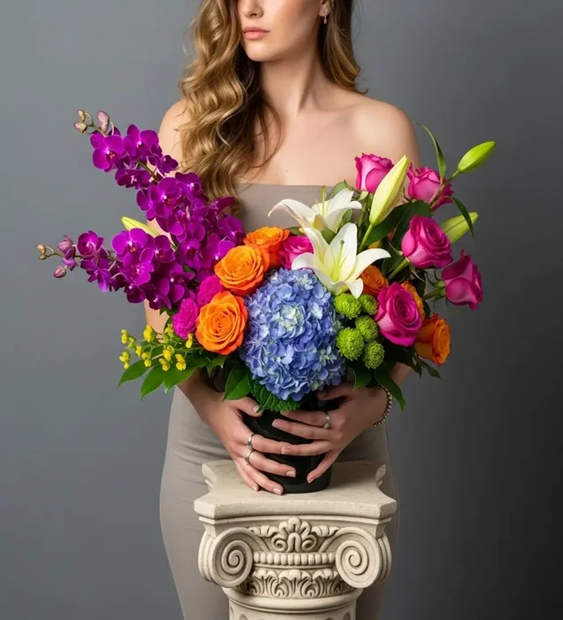Premium Mor Phalaenopsis Orkide, Mavi Ortanca ve Renkli Gül Aranjmanı