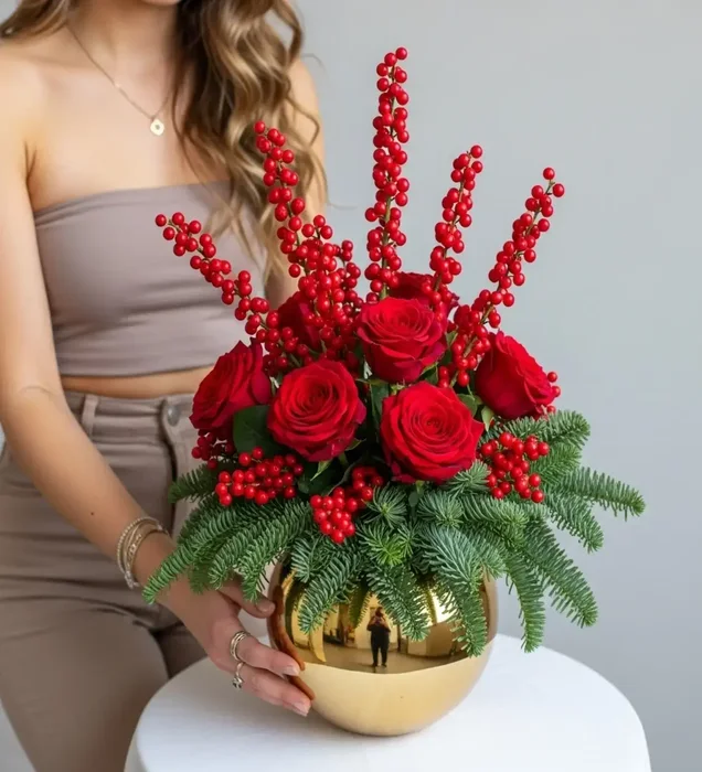 Royal Winter: Gold Küre Vazoda Deluxe Ilex (Kokina) & Kırmızı Gül Aranjmanı