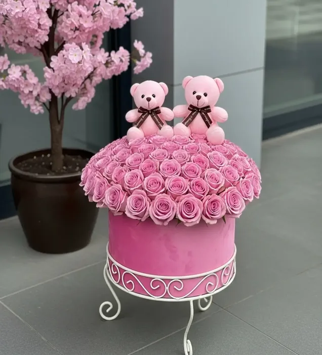 Innocence of Pink: Teddy Bear & Pink Rose Box