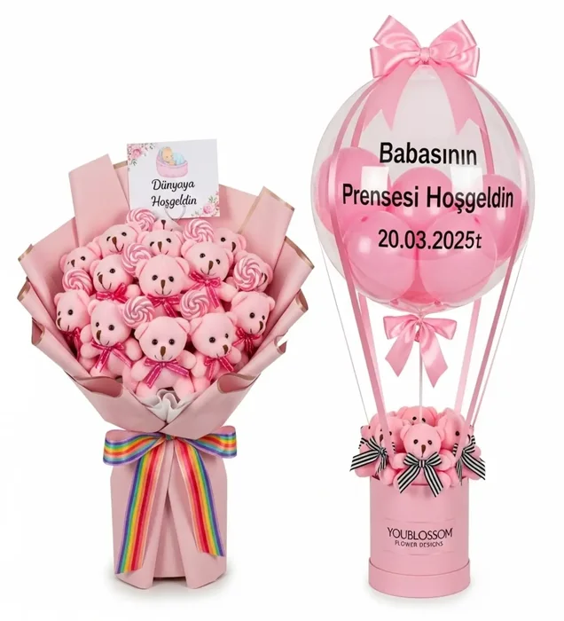 Hoş Geldin Prenses Pembe Peluş Ayıcık Buketi ve Balon Kutusu