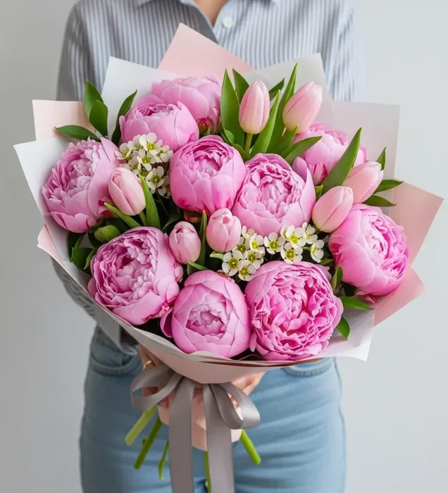 Romantik Pembe Şakayık ve Lale Buketi