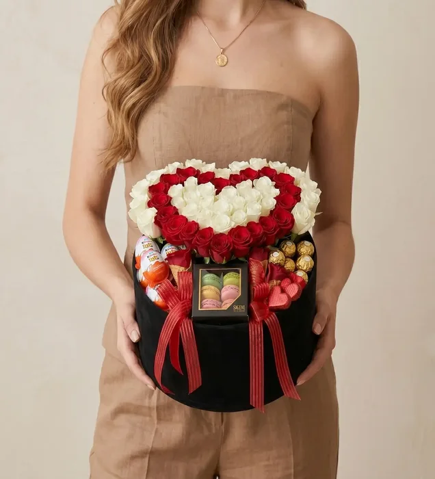 Love & Sweets Elegance: Siyah Kalp Lüks Kutuda Kırmızı & Beyaz Güller ve Tatlı Surpiz Çikolatalar