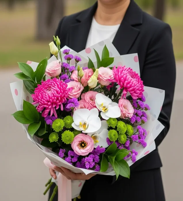 Dance of Colors: Summer Bouquet with Orchids and Chrysanthemums