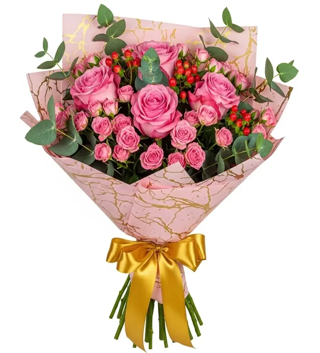 Golden Elegance Pink Rose and Hypericum Bouquet
