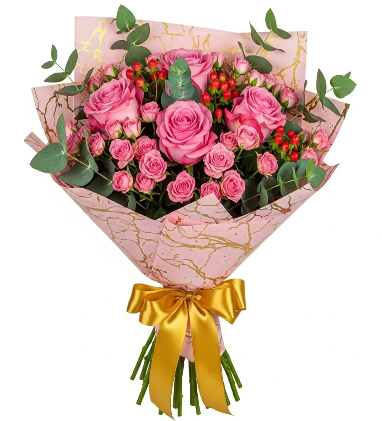 Golden Elegance Pink Rose and Hypericum Bouquet