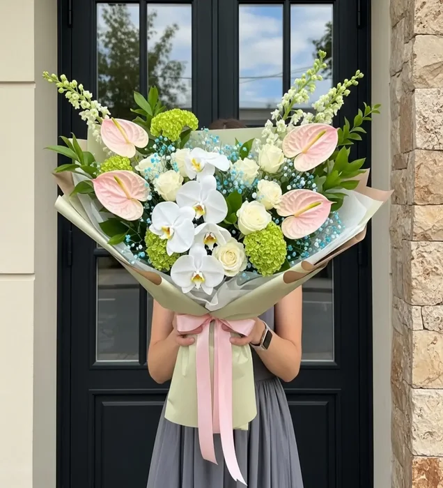 Pastel Zarafet: Beyaz Orkide & Anthurium Çiçek Buketi